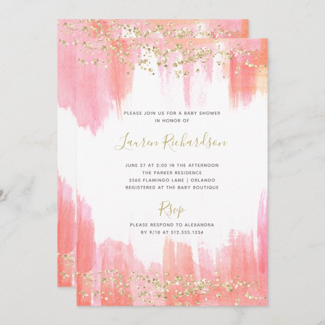 Invitation Elégante Aquarelle rose et or | Baby shower (Devant / Derrière)