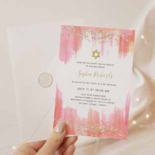 Invitation Elégante Aquarelle rose et or   BAT MITZVAH