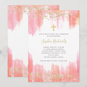 Invitation Elégante Aquarelle rose et or   Première communion