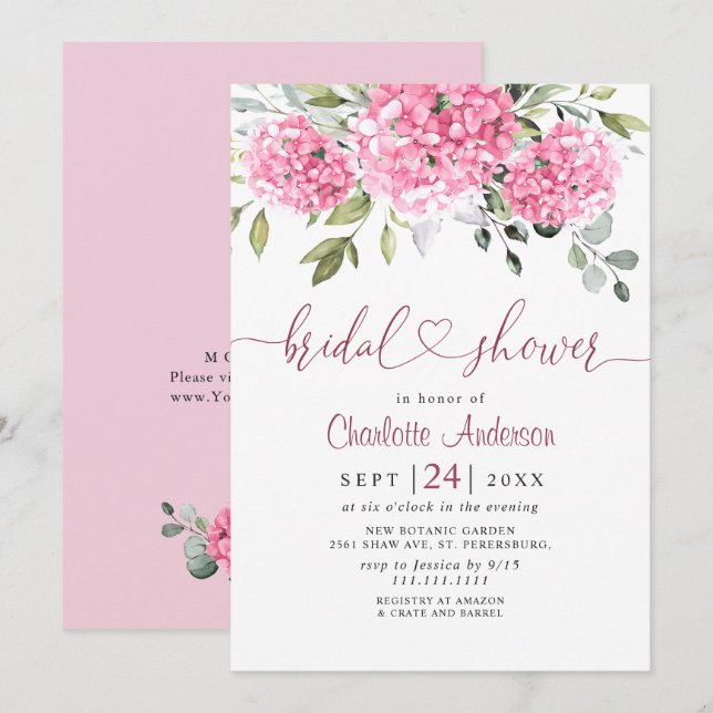 Invitation Elégante aquarelle rose FÊTE DES MARIÉES Hydrangea (Devant / Derrière)