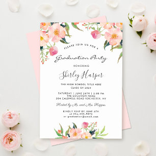 Invitation Elégante Aquarelle rose Floral fête de graduation