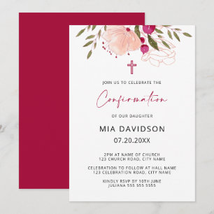 Invitation Elégante Aquarelle rose Floral Fille Confirmation