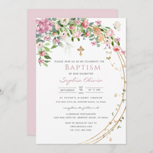 Invitation Elégante Aquarelle rose Floral Girl Baptism Invita