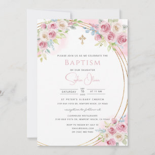 Invitation Elégante Aquarelle rose Floral Girl Baptism Invita
