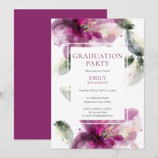 Invitation Elégante Aquarelle rose Floral Party de graduation (Devant / Derrière)