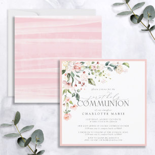 Invitation Elégante Aquarelle rose Floral Première Communion