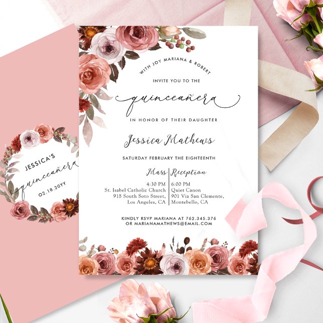Invitation Elégante aquarelle rose Floral Quinceañera (Créateur téléchargé)