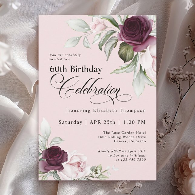 Invitation Elégante aquarelle rose florale 60e anniversaire (Available in both printed and instant download formats.)