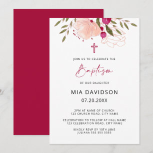 Invitation Elégante aquarelle rose florale fille Baptême Invi