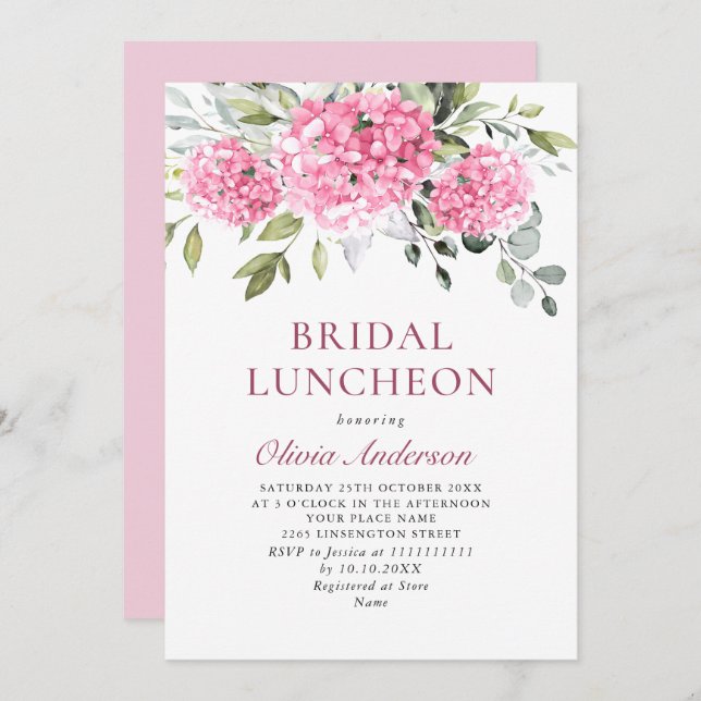 Invitation Elégante aquarelle rose Hydrangea BRIDAL LUNCHEON (Devant / Derrière)