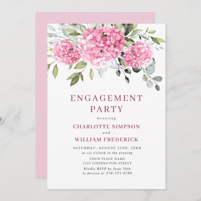 Invitation Elégante aquarelle rose Hydrangea ENGAGEMENT PARTI (Devant / Derrière)