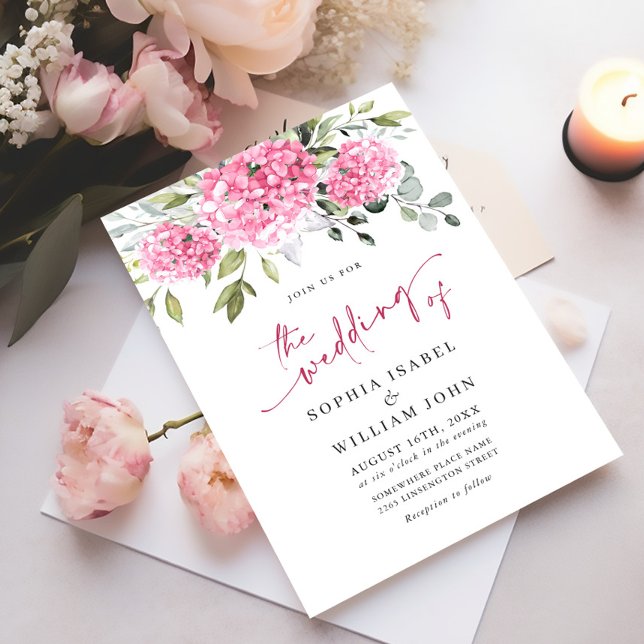 Invitation Elégante aquarelle rose Hydrangée Mariage floral (Créateur téléchargé)