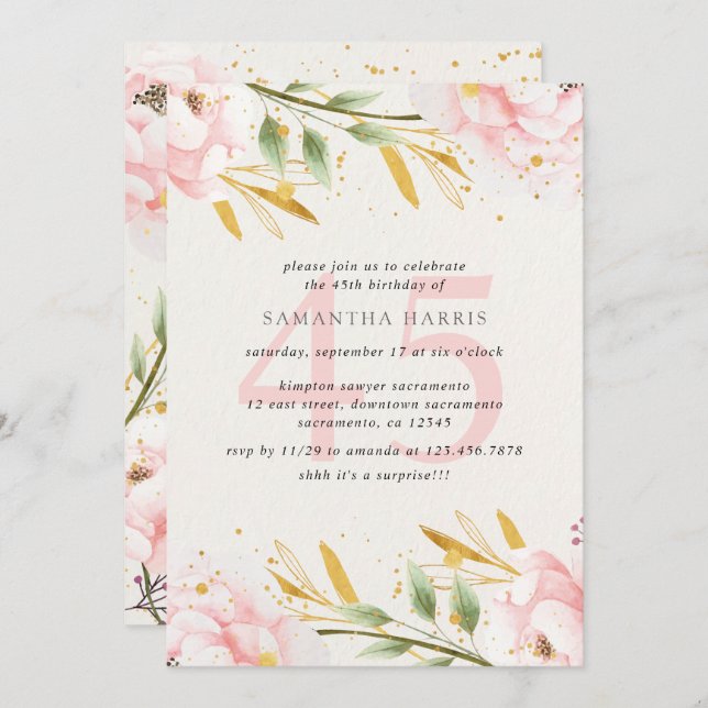 Invitation Elégante aquarelle rose & or 45e fête d'anniversai (Devant / Derrière)