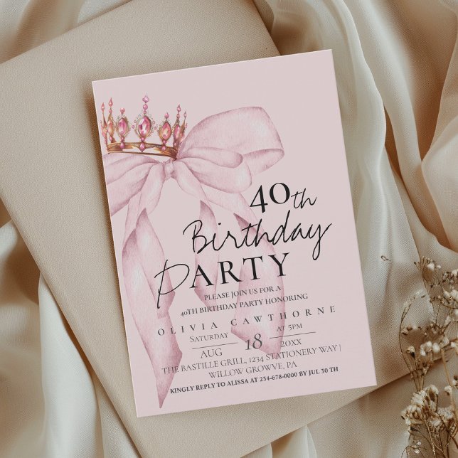 Invitation Elégante aquarelle rose or bow fête d'anniversaire (Créateur téléchargé)