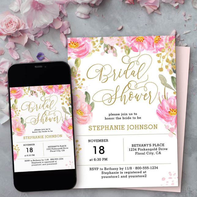 Invitation Elégante Aquarelle rose or Fête des mariées floral (Bridal Shower invitation from my Pink and Gold Watercolor Floral Collection
)
