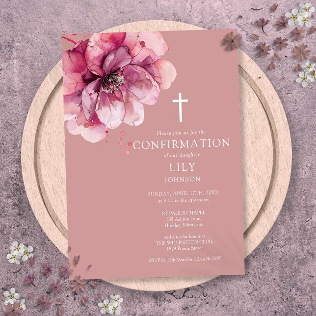 Invitation Elégante aquarelle Rose poussiéreuse Confirmation  (Dusty Rose Elegant Watercolor Floral Confirmation Invitation)