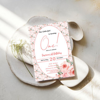 Invitation Elégante aquarelle Rose Rose fille 1er anniversair