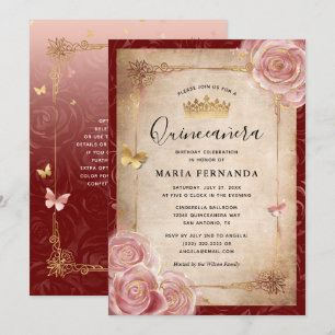 Invitation Elégante aquarelle rose Rose or Quinceanera