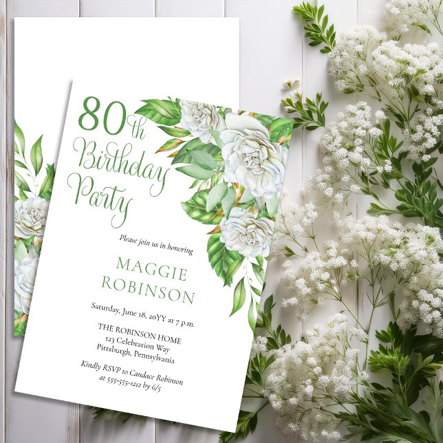 Invitation Elégante aquarelle Roses blanches 80e fête d'anniv (Elegant Watercolor White Roses and Greenery 80th Birthday Party Invitation - Print | Download)