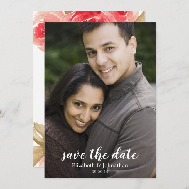 Invitation Elégante aquarelle Rouge Rose Mariage Enregistrer  (Devant / Derrière)