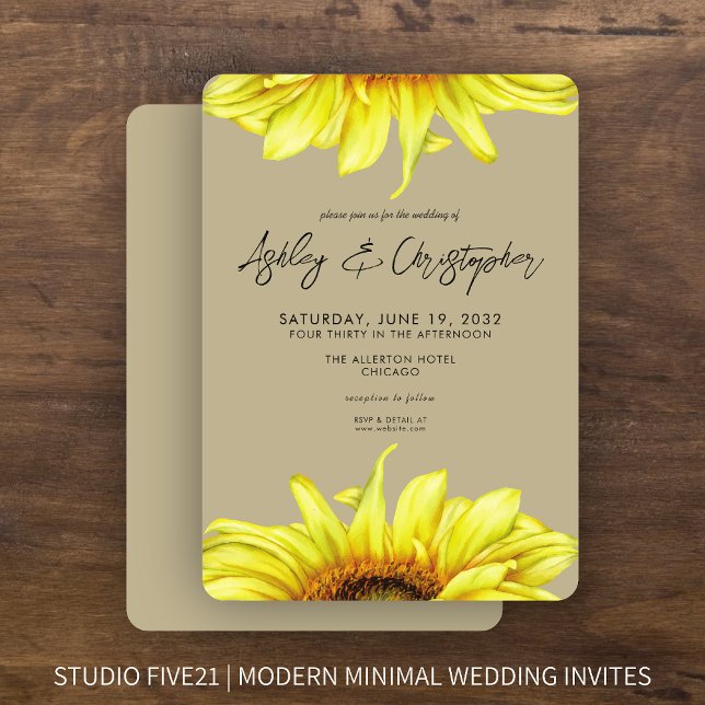 Invitation Élégante aquarelle Sunflower Mariage kaki (Créateur téléchargé)