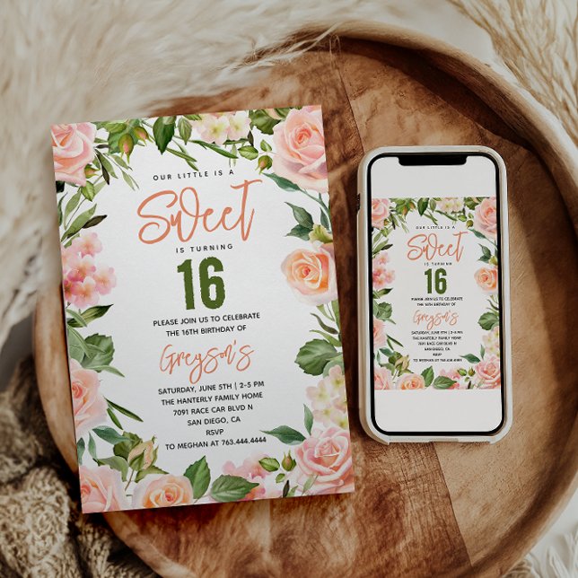 Invitation Elégante aquarelle Sweet sixteen floral (Créateur téléchargé)