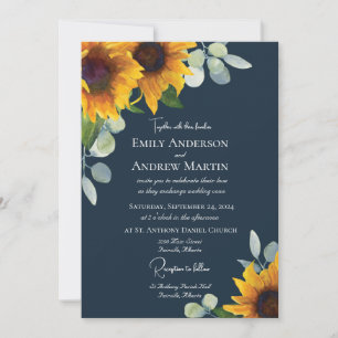 Invitation Elégante aquarelle tournesol Mariage bleu marine