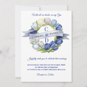 Invitation Elégante aquarelle Tulipe Mariage de couronne bleu