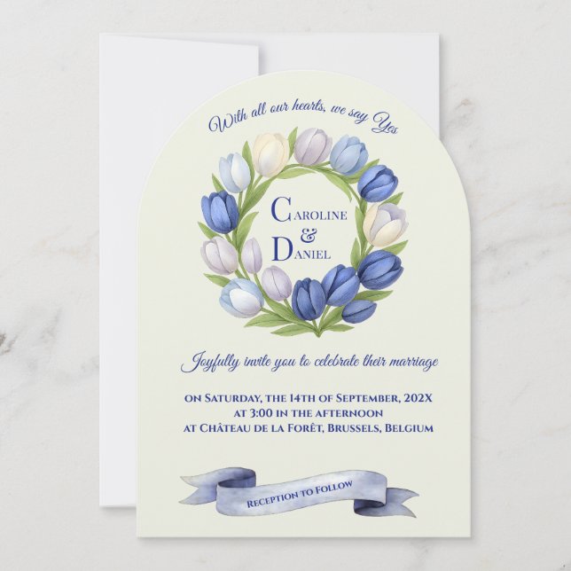 Invitation Elégante aquarelle Tulipe Mariage de couronne bleu (Devant)