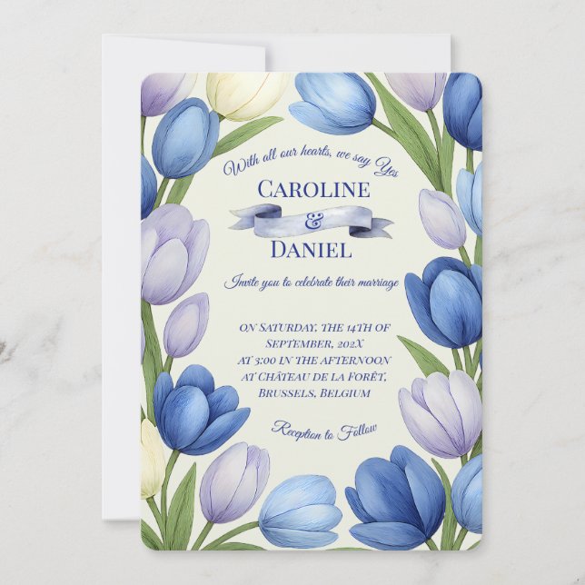 Invitation Elégante aquarelle Tulipe Mariage de couronne bleu (Devant)