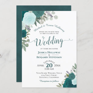 Invitation Elégante aquarelle Turquoise Florale Mariage forme