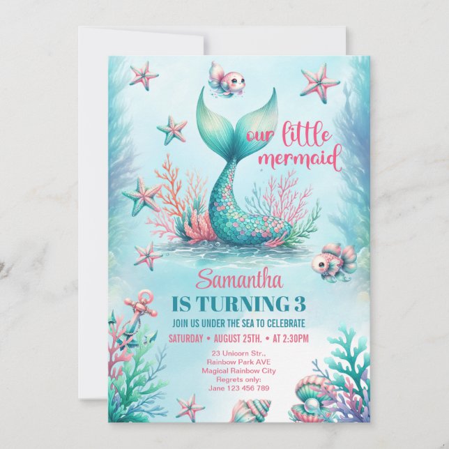 Invitation Elégante aquarelle turquoise mermaid queue anniver (Devant)
