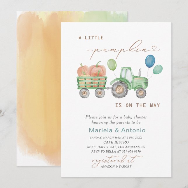 Invitation Elégante aquarelle Un petit Baby shower Citrouille (Devant / Derrière)