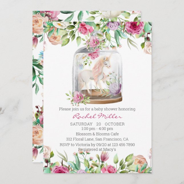 Invitation Elégante aquarelle Unicorn Chic Baby shower floral (Devant / Derrière)