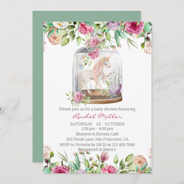 Invitation Elégante aquarelle Unicorn Chic Baby shower floral (Devant / Derrière)