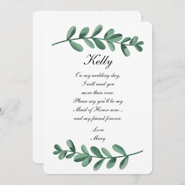 Invitation Elégante Aquarelle Vert Feuilles Maid Of Honor (Devant / Derrière)
