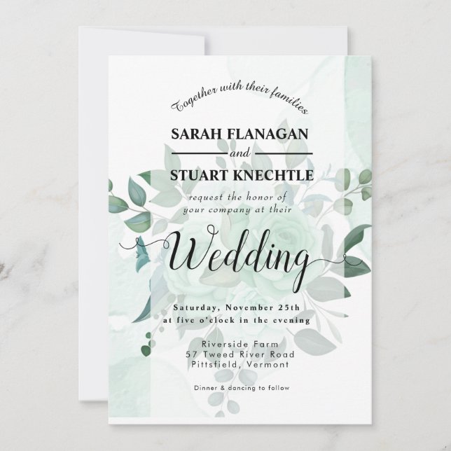Invitation Elégante aquarelle vert Fleurs Mariage (Devant)