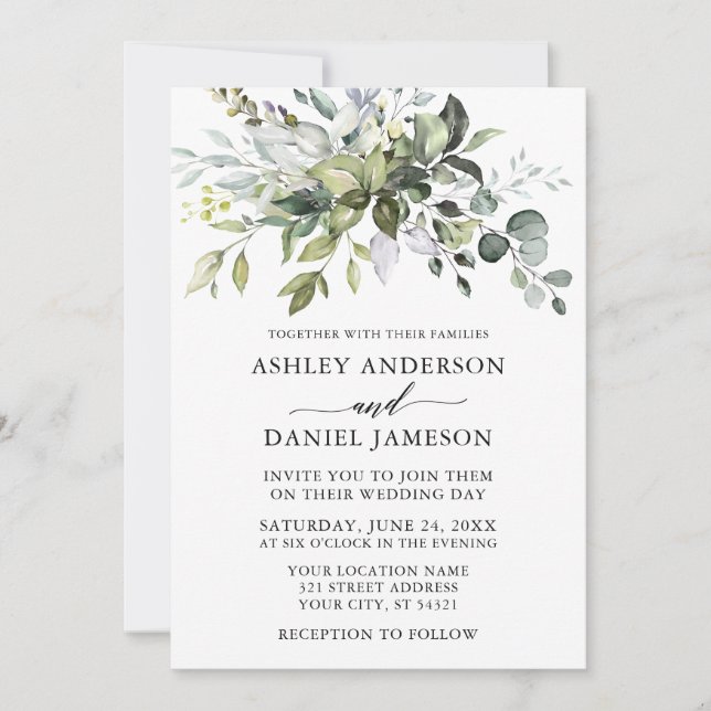 Invitation Elégante aquarelle vert Mariage calligraphie (Devant)