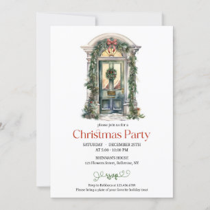 Invitation Elégante aquarelle vert rustique porte de Noël