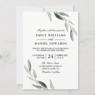 Invitation Elégante aquarelle verte feuille verte Mariage