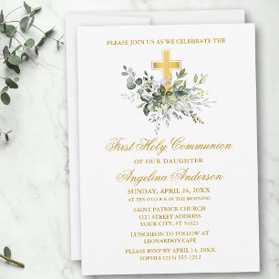 Invitation Elégante aquarelle verte Gold Communion