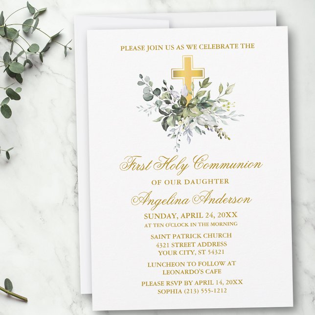 Invitation Elégante aquarelle verte Gold Communion (Customize to change text color, size, style or to add photos or more text to back of card.)