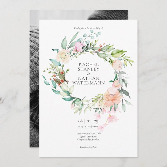 Invitation Elégante aquarelle verte Mariage photo floral (Devant / Derrière)