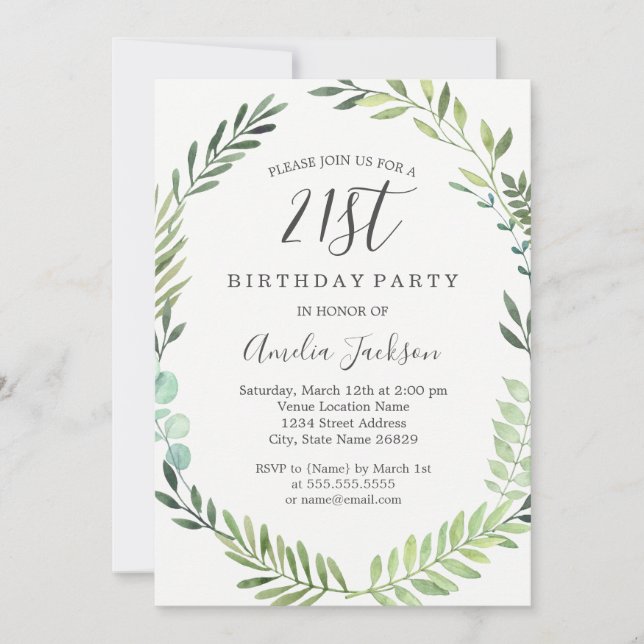 Invitation Élégante aquarelle verte pour 21e anniversaire (Devant)