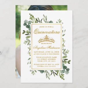 Invitation Elégante aquarelle verte Quinceanera or photo