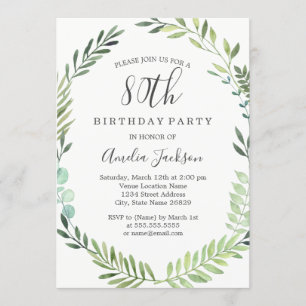 Invitation Elégante aquarelle verte Wreath 80e anniversaire