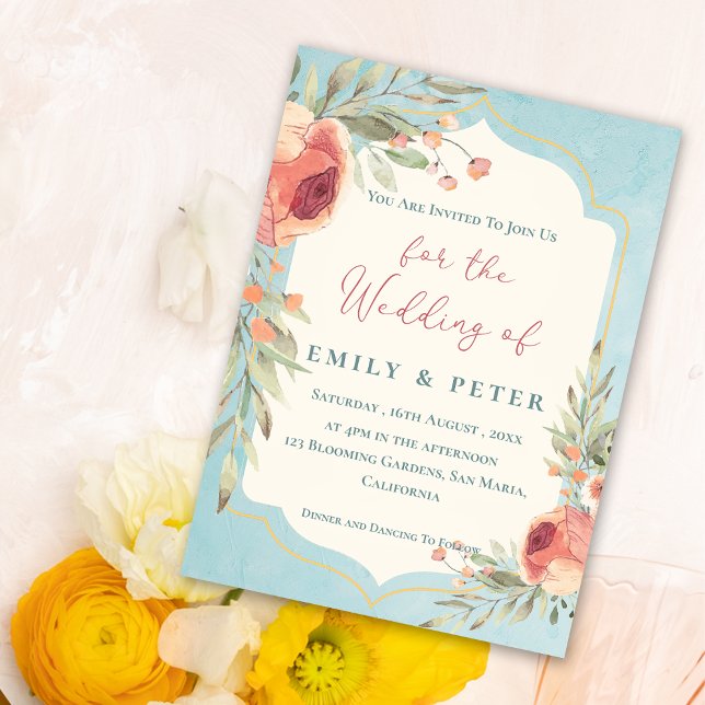 Invitation Elégante aquarelle Vintage Mariage Floral bleu (Elegant Vintage Watercolor Blue Floral Wedding Invitation)