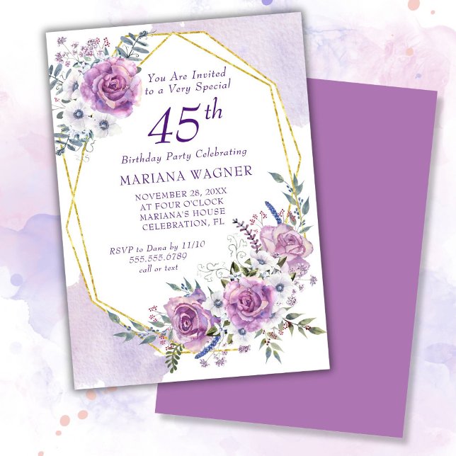 Invitation Elégante aquarelle violet floral 45e anniversaire (Créateur téléchargé)