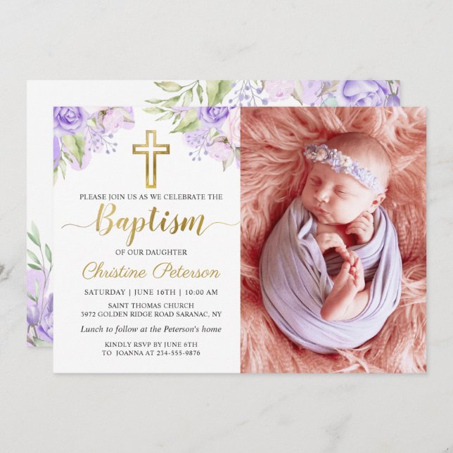 Invitation Elégante aquarelle violet floral Baptême photo (Devant / Derrière)