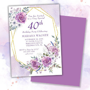 Invitation Elégante aquarelle violet florale 40e anniversaire